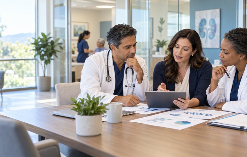 Physicians and a practice manager reviewing charts and a tablet at a conference table in a clinic office while planning for a nephrology practice's future