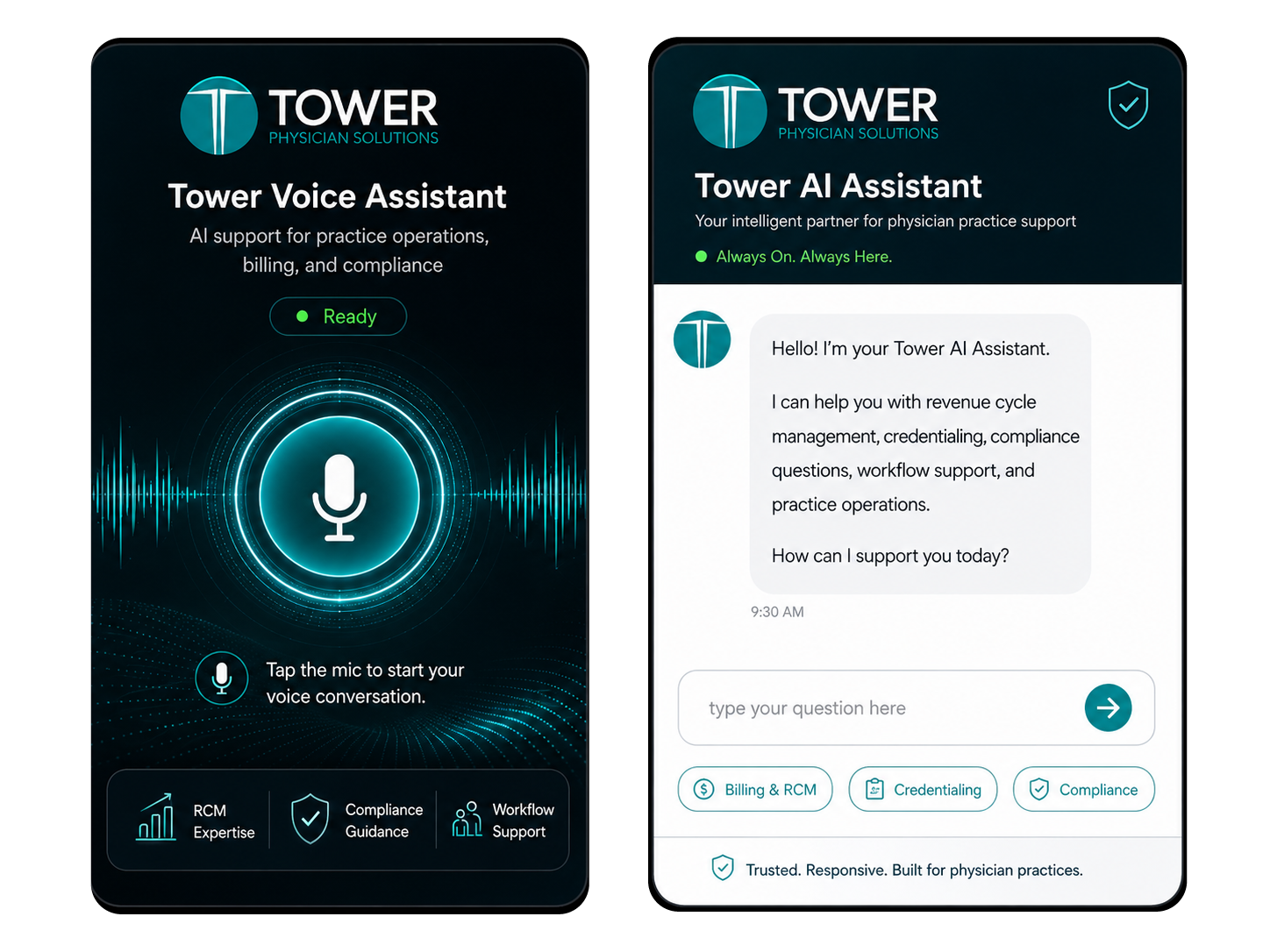 Tower Voice Assistant and Tower AI Assistant interfaces, showing voice-activated and chat-based AI support for nephrology practice operations, billing, credentialing, and compliance