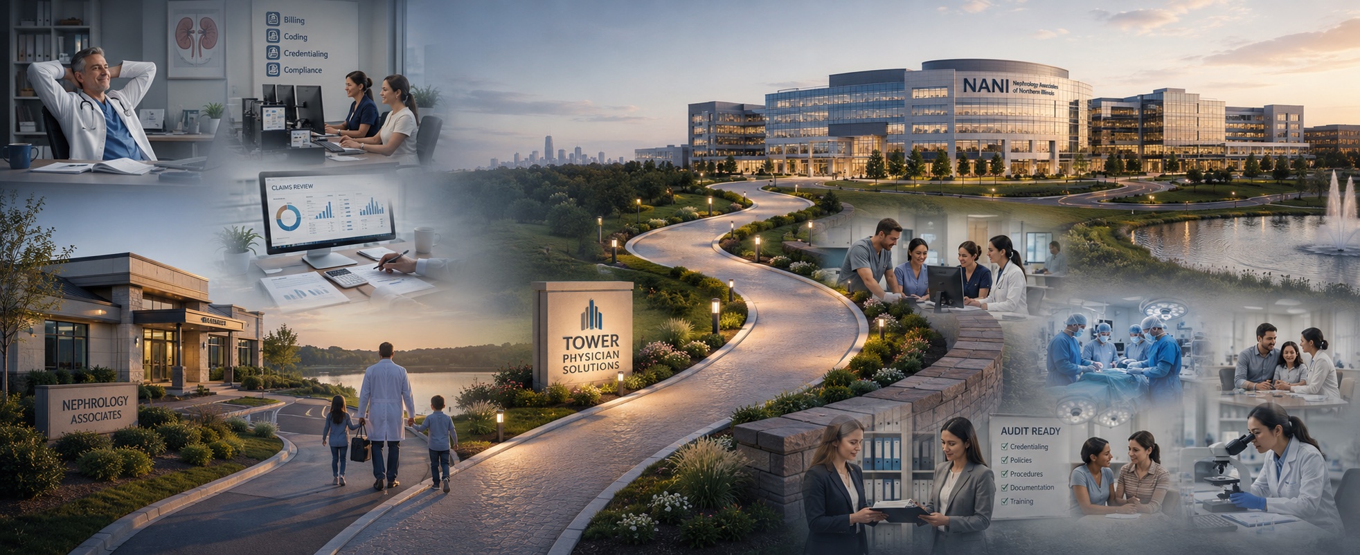 A lit pathway leading from an independent nephrology practice past Tower Physician Solutions to the NANI campus, representing a nephrologist's transition to a NANI-supported practice